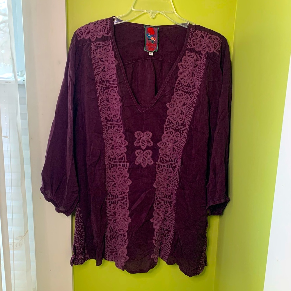 Johnny Was Plum Floral Embroidered Top Size L
